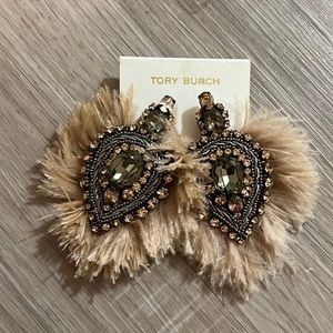Tory Burch embellished feathered earrings, never worn.